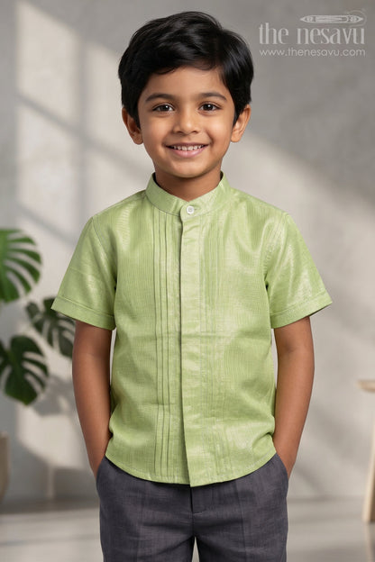 The Nesavu Boys Silk Shirt Boys Festive Silk Shirt for Traditional Celebrations Nesavu 14 (6M) / Green / Silk Blend BS406E-14 Nesavu Boys Tissue Silk Shirt For Traditional Celebrations Weddings And Festive Family Events