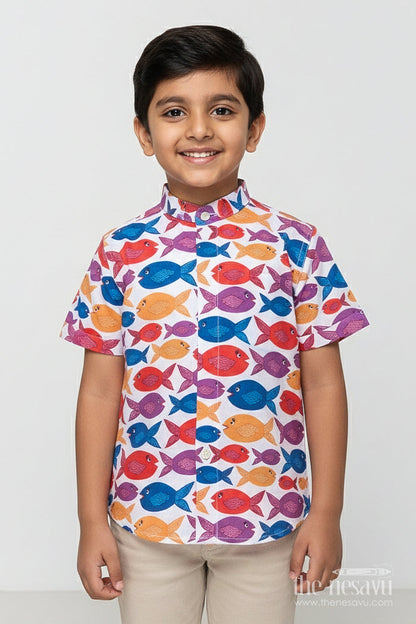 The Nesavu Boys Linen Shirt Boys Fish Print Linen Shirt for Beach Days and Playful Summer Outings Nesavu 16 (1Y) / Multicolor BS365A-16 Nesavu boys fish print linen shirt beach vacations summer outings casual play