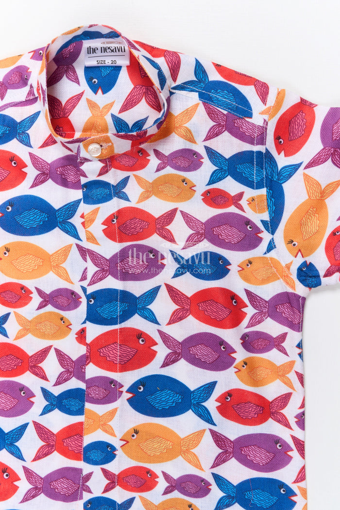 The Nesavu Boys Linen Shirt Boys Fish Print Linen Shirt for Beach Days and Playful Summer Outings Nesavu Nesavu boys fish print linen shirt beach vacations summer outings casual play