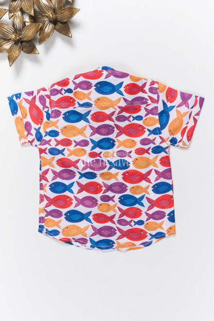 The Nesavu Boys Linen Shirt Boys Fish Print Linen Shirt for Beach Days and Playful Summer Outings Nesavu Nesavu boys fish print linen shirt beach vacations summer outings casual play