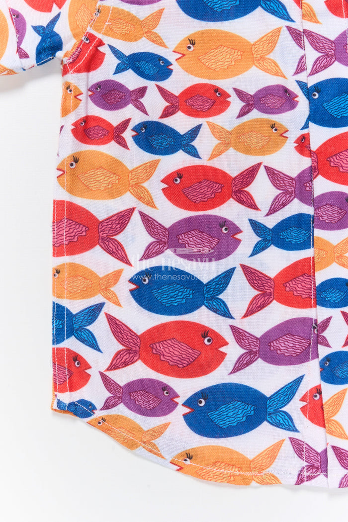 The Nesavu Boys Linen Shirt Boys Fish Print Linen Shirt for Beach Days and Playful Summer Outings Nesavu Nesavu boys fish print linen shirt beach vacations summer outings casual play