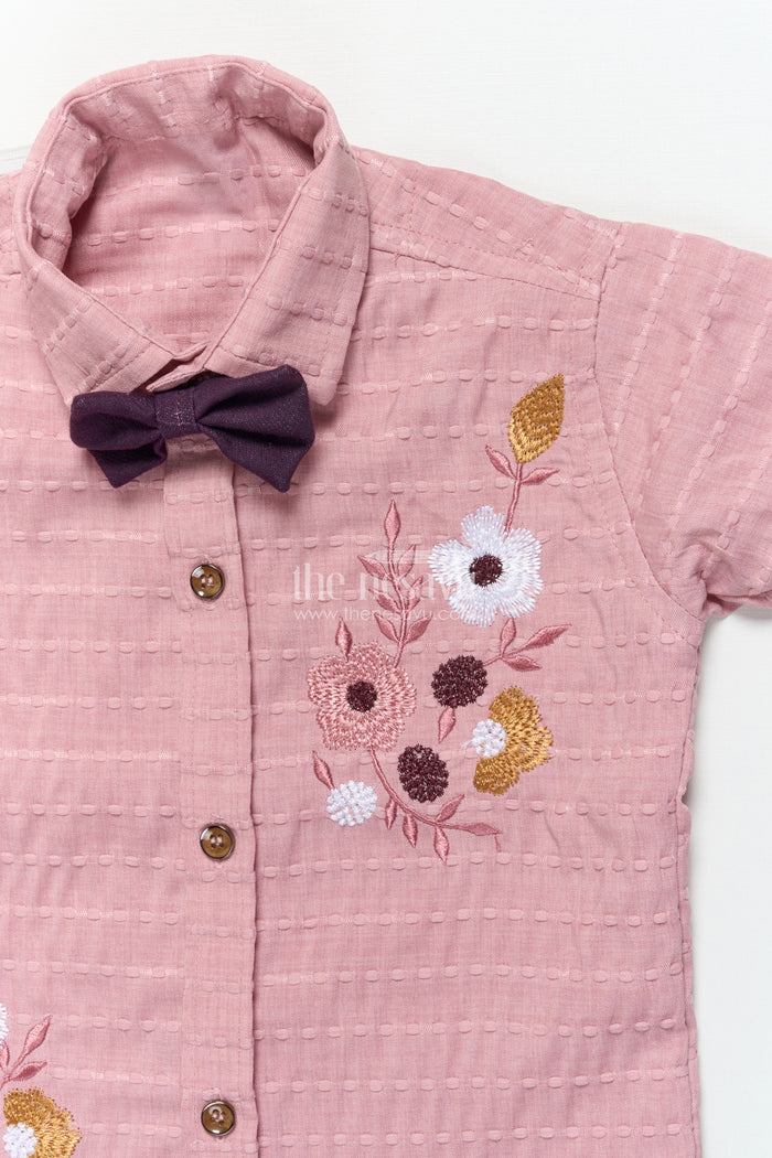 The Nesavu Boys Casual Set Boys Floral Embroidered Outfit for Casual Functions and Family Photos Nesavu Nesavu boys floral embroidered shirt shorts set bow tie festive events photo days