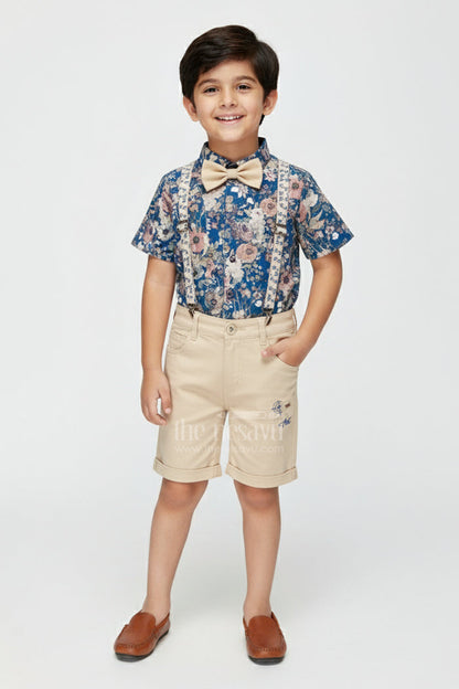 The Nesavu Boys Casual Set Boys Floral Suspender Set with Bow Tie for Birthday Or Photoshoot Nesavu 14 (6M) / Blue BCS411A-14 Nesavu boys suspender outfit set floral shirt bow tie birthdays photoshoots