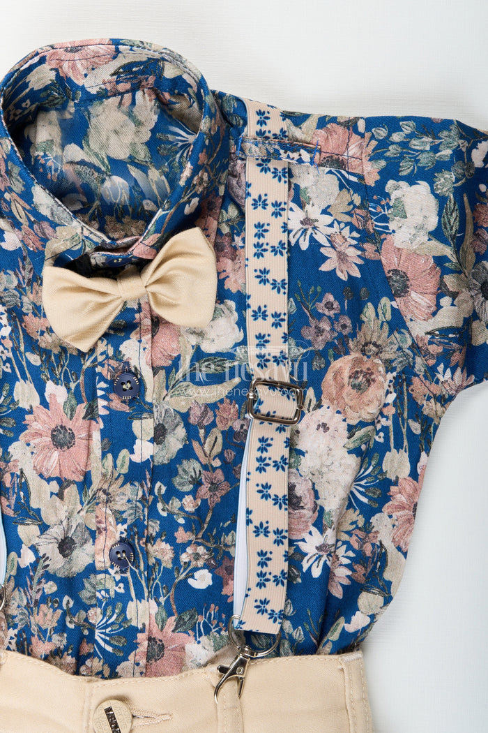 The Nesavu Boys Casual Set Boys Floral Suspender Set with Bow Tie for Birthday Or Photoshoot Nesavu Nesavu boys suspender outfit set floral shirt bow tie birthdays photoshoots