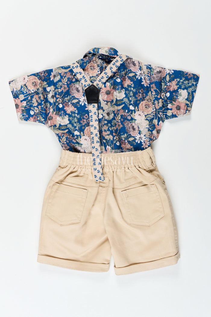 The Nesavu Boys Casual Set Boys Floral Suspender Set with Bow Tie for Birthday Or Photoshoot Nesavu Nesavu boys suspender outfit set floral shirt bow tie birthdays photoshoots