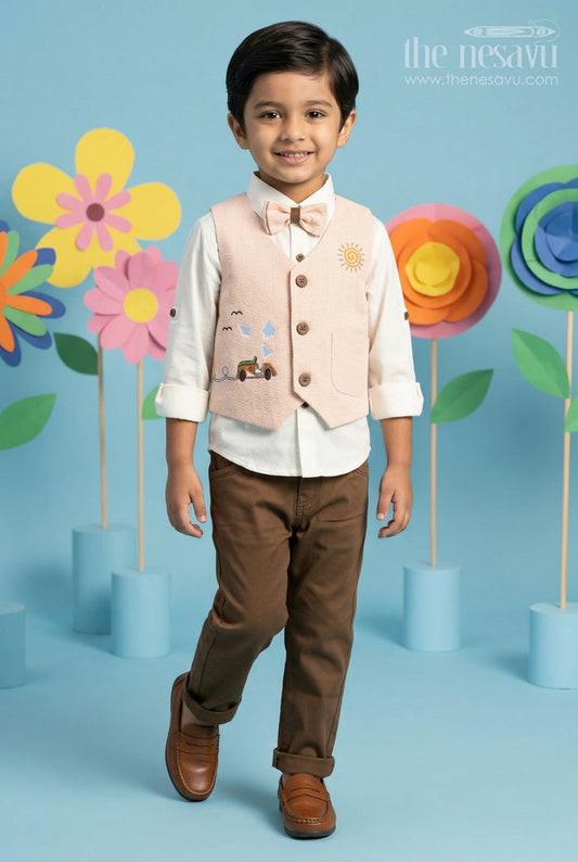 The Nesavu Boys Casual Set Boys Formal Outfit Set for Celebrations and Special Occasions Nesavu 16 (1Y) / Orange / Cotton BCS594A-16 Nesavu Boys Formal Outfit Set With Vest And Bow Tie For Celebrations And Special Occasions In Soft Cotton Comfort