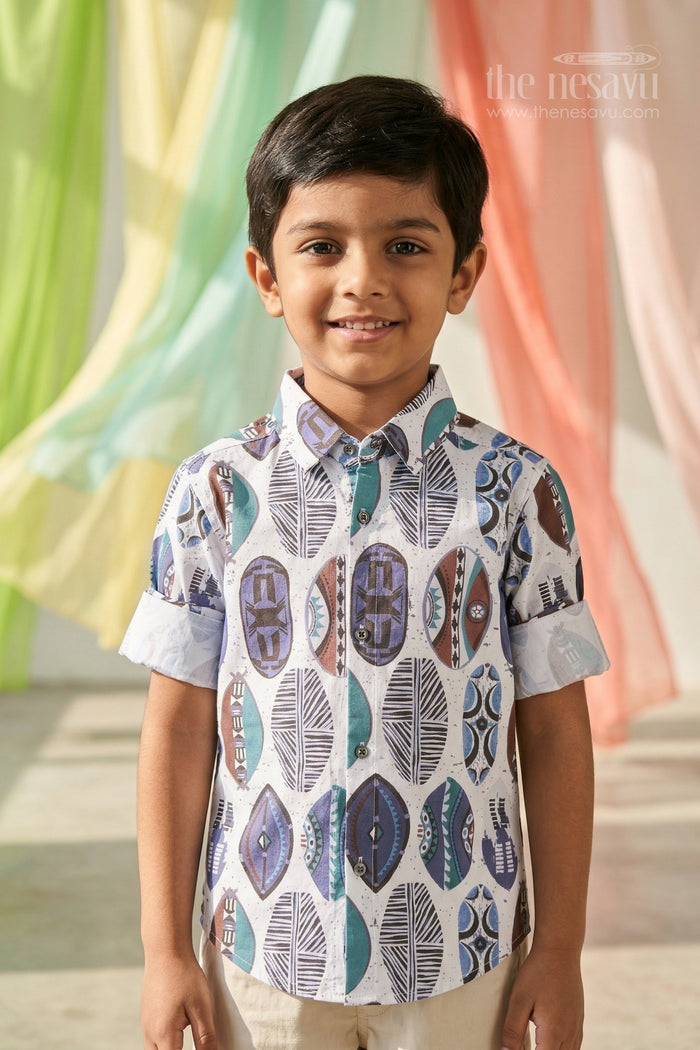 The Nesavu Boys Cotton Shirt Boys Geometric Digital Print Cotton Shirt for Casual Outings and Everyday Wear Nesavu 20 (3Y) / Blue / Cotton BS419A-20 Nesavu boys cotton geometric digital print shirt for casual outings and stylish everyday wear