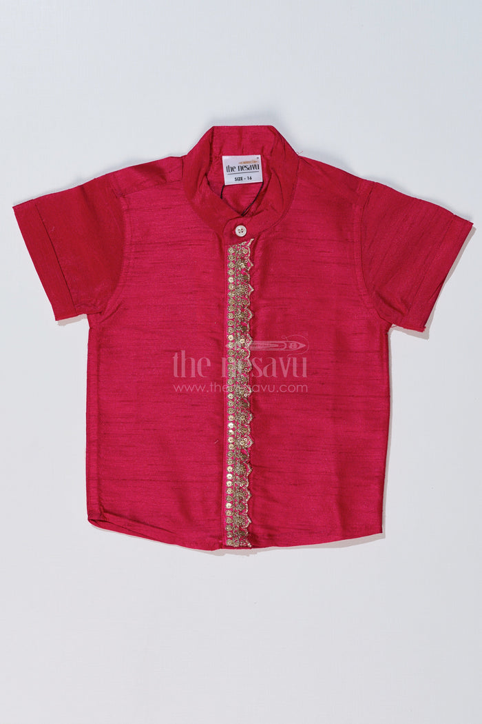 The Nesavu Boys Silk Shirt Boys Half Sleeve Collar Shirt in Silk Blend with Decorative Embroidery for Ethnic Wear Nesavu 16 (1Y) / Magenta BS237B-16 Boys Half Sleeve Silk Shirt Collar Embroidered Panel Traditional Wear | The Nesavu