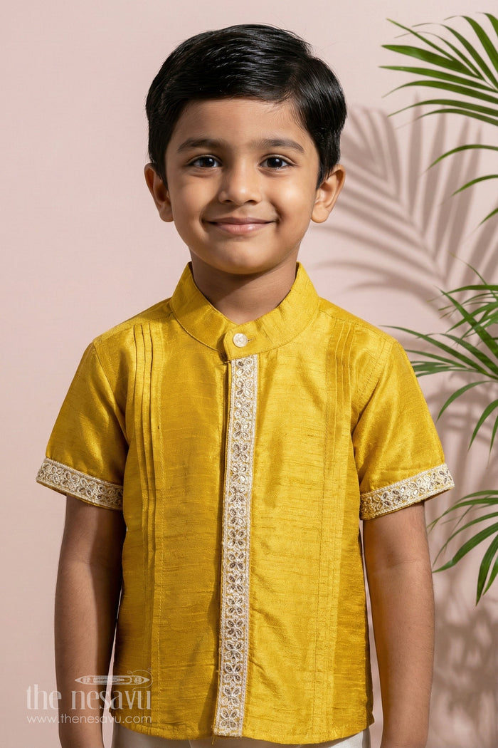 The Nesavu Boys Silk Shirt Boys Half Sleeve Yellow Shirt with Rich Silk Blend and Elegant Lace Detailing for Festive Wear Nesavu 16 (1Y) / Yellow BS229A-16 Boys Half Sleeve Yellow Shirt Silk Blend Fabric Elegant Lace Embroidery | The Nesavu