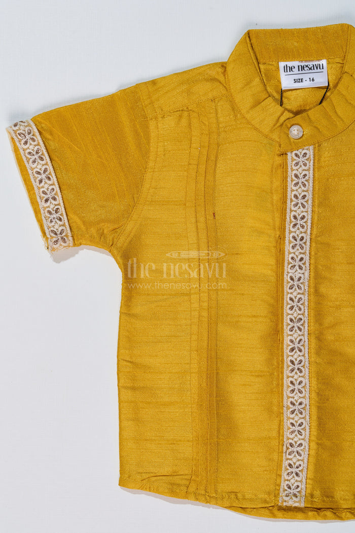 The Nesavu Boys Silk Shirt Boys Half Sleeve Yellow Shirt with Rich Silk Blend and Elegant Lace Detailing for Festive Wear Nesavu Nesavu Boys Half Sleeve Yellow Shirt Silk Blend Fabric Elegant Lace Embroidery