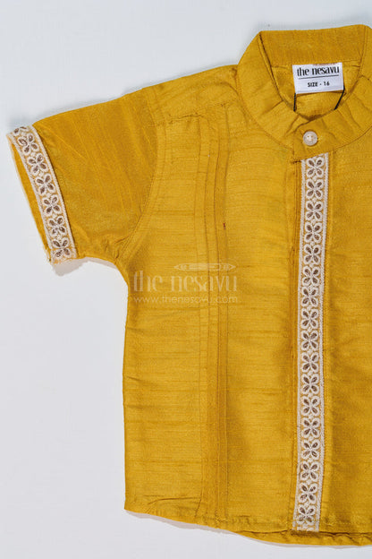 The Nesavu Boys Silk Shirt Boys Half Sleeve Yellow Shirt with Rich Silk Blend and Elegant Lace Detailing for Festive Wear Nesavu Nesavu Boys Half Sleeve Yellow Shirt Silk Blend Fabric Elegant Lace Embroidery