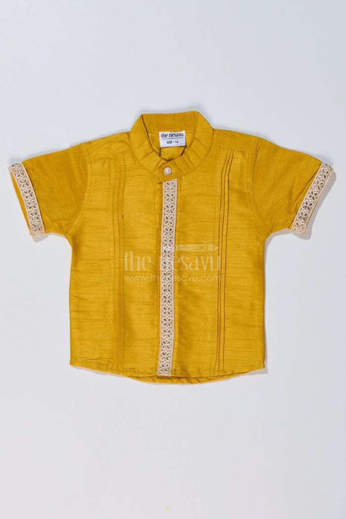 The Nesavu Boys Silk Shirt Boys Half Sleeve Yellow Shirt with Rich Silk Blend and Elegant Lace Detailing for Festive Wear Nesavu 16 (1Y) / Yellow BS229A-16 Boys Half Sleeve Yellow Shirt Silk Blend Fabric Elegant Lace Embroidery | The Nesavu