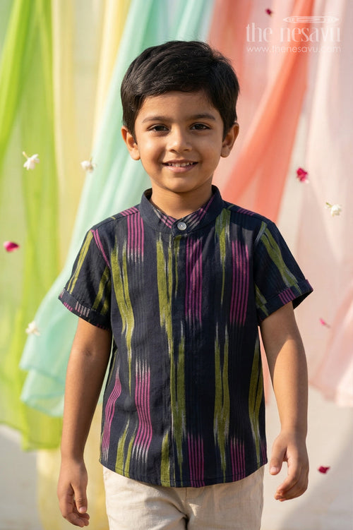 The Nesavu Boys Cotton Shirt Boys Ikkat Cotton Shirt for Traditional Functions and Festive Wear Nesavu 14 (6M) / Black / Ikkat BS457A-14 Nesavu Boys Ikkat Cotton Shirt For Traditional Functions And Festive Wear With Breathable Fabric