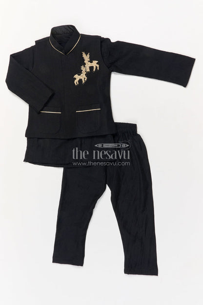 The Nesavu Boys Jacket Sets Boys Jacket Set for Festive Events and Family Functions Nesavu 16 (1Y) / Black / Silk Blend BES737C-16 Nesavu boys jacket set for festive occasions in black blend silk with embroidery
