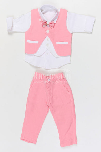 The Nesavu Boys Jacket Sets Boys Jacket Set for Festive Occasions and Traditional Celebrations Nesavu 12 (3M) / Pink / Muslin Cotton BCS505B-12 Nesavu boys muslin cotton jacket set for festive occasions weddings and cultural celebrations