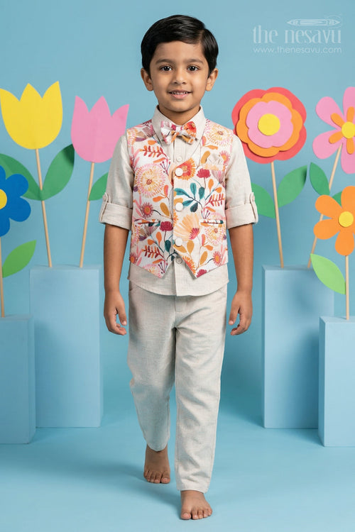 The Nesavu Boys Jacket Sets Boys Jacket Suit for Festive Celebrations and Wedding Occasions Nesavu 14 (6M) / Half white / Cotton BCS577A-14 Nesavu boys cotton jacket suit with digital print jacket for weddings and festive celebrations
