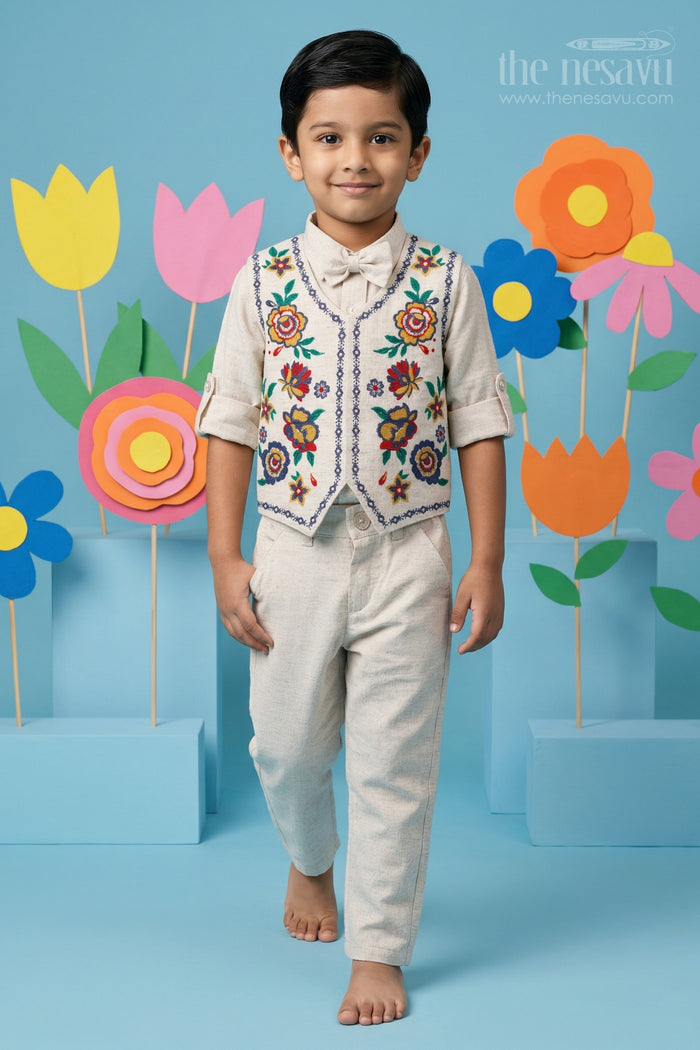 The Nesavu Boys Jacket Sets Boys Jacket Suit for Festive Occasions and Wedding Celebrations Nesavu 14 (6M) / Half white / Cotton BCS576A-14 Nesavu boys cotton jacket suit with embroidered jacket for festive occasions and weddings