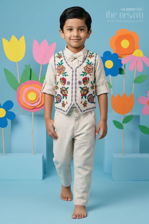The Nesavu Boys Jacket Sets Boys Jacket Suit for Festive Occasions and Wedding Celebrations Nesavu 14 (6M) / Half white / Cotton BCS576A-14 Nesavu boys cotton jacket suit with embroidered jacket for festive occasions and weddings