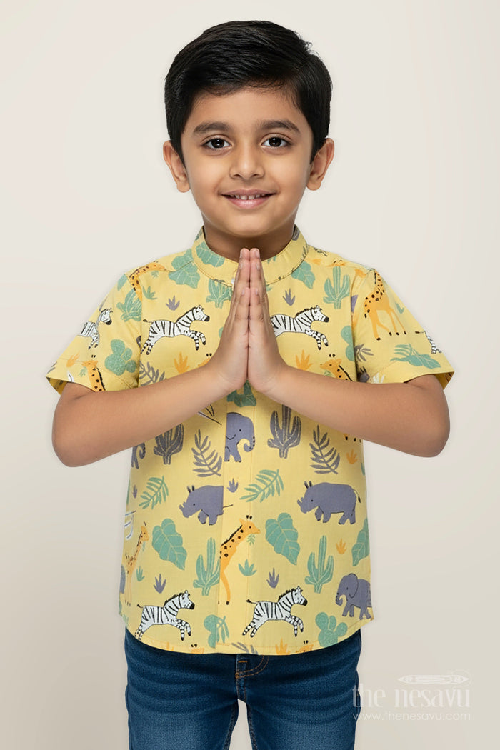 The Nesavu Boys Cotton Shirt Boys Jungle-Themed Cotton Shirt for Summer Outings and Everyday Wear Nesavu 16 (1Y) / Yellow BS347B-16 Nesavu boys cotton shirt jungle animal print everyday wear outdoor fun