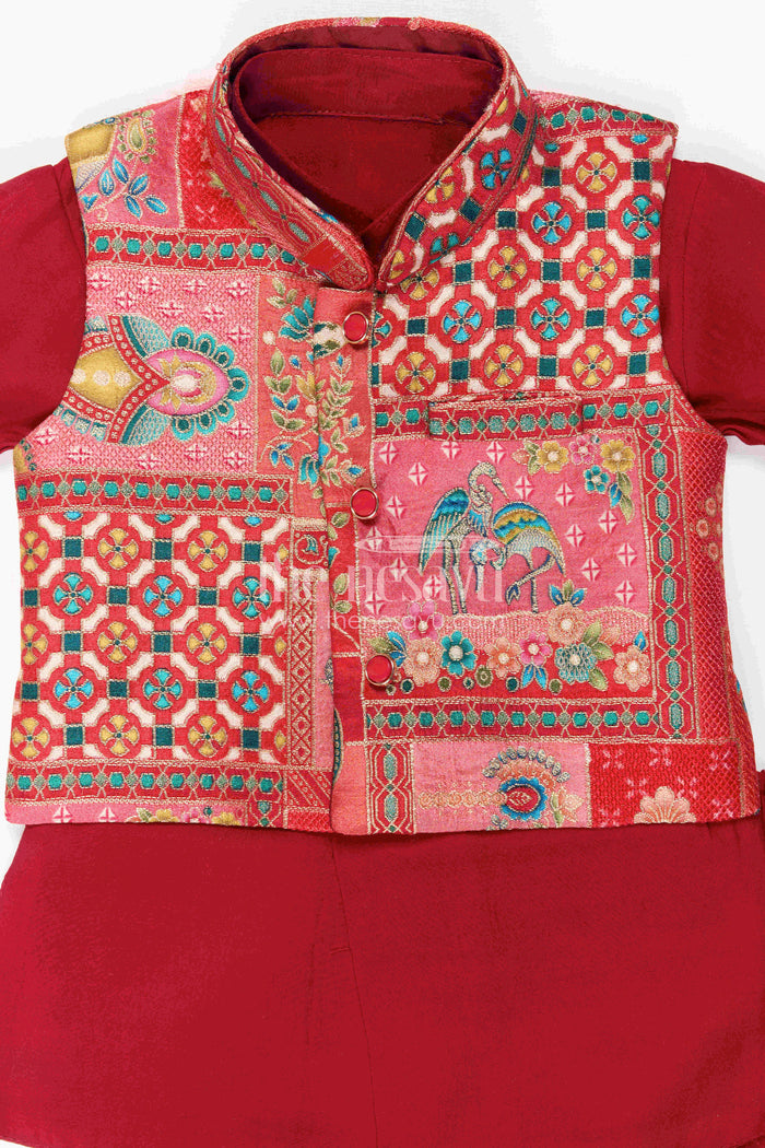 The Nesavu Boys Jacket Sets Boys Kurta Jacket Set for Festive Occasions and Family Weddings Nesavu Nesavu Boys Festive Kurta Jacket Set With Printed Ethnic Jacket For Weddings And Celebrations
