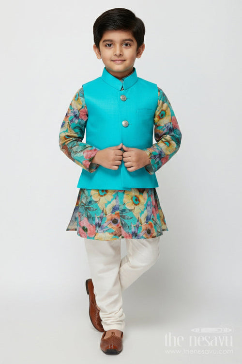 The Nesavu Boys Jacket Sets Boys Kurta Pant Set with Printed Jacket for Birthdays and Ethnic School Days Nesavu 16 (1Y) / Blue BES845A-16 Nesavu boys kurta pant set with printed Nehru jacket for birthdays and ethnic day at school