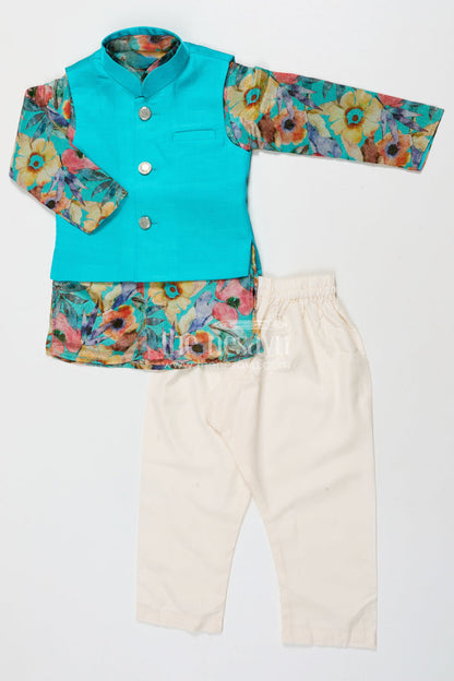 The Nesavu Boys Jacket Sets Boys Kurta Pant Set with Printed Jacket for Birthdays and Ethnic School Days Nesavu 16 (1Y) / Blue BES845A-16 Nesavu boys kurta pant set with printed Nehru jacket for birthdays and ethnic day at school