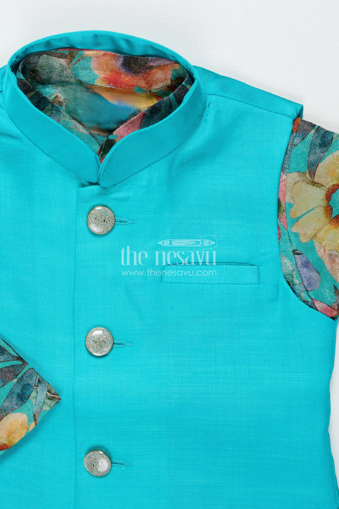 The Nesavu Boys Jacket Sets Boys Kurta Pant Set with Printed Jacket for Birthdays and Ethnic School Days Nesavu Nesavu boys kurta pant set with printed Nehru jacket for birthdays and ethnic day at school