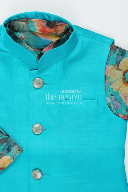 The Nesavu Boys Jacket Sets Boys Kurta Pant Set with Printed Jacket for Birthdays and Ethnic School Days Nesavu Nesavu boys kurta pant set with printed Nehru jacket for birthdays and ethnic day at school