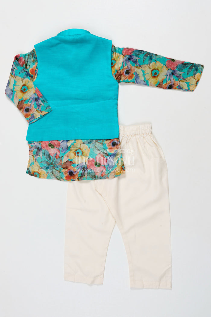 The Nesavu Boys Jacket Sets Boys Kurta Pant Set with Printed Jacket for Birthdays and Ethnic School Days Nesavu Nesavu boys kurta pant set with printed Nehru jacket for birthdays and ethnic day at school