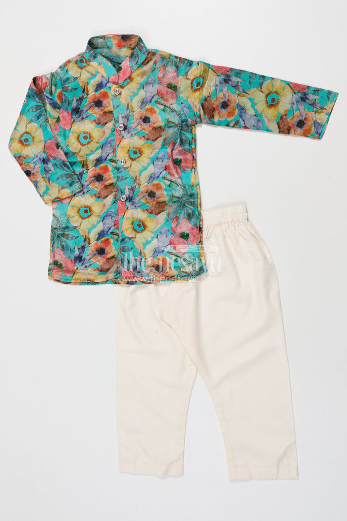 The Nesavu Boys Jacket Sets Boys Kurta Pant Set with Printed Jacket for Birthdays and Ethnic School Days Nesavu Nesavu boys kurta pant set with printed Nehru jacket for birthdays and ethnic day at school