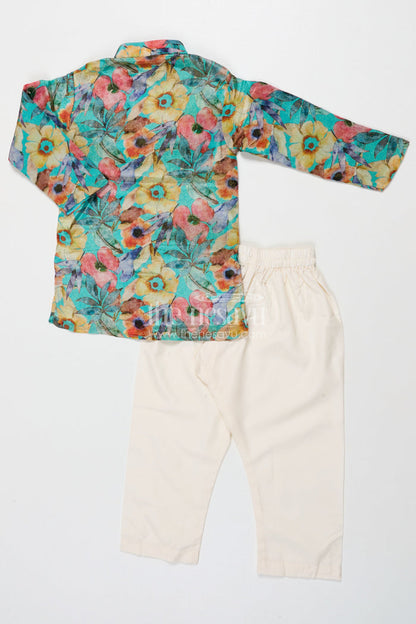 The Nesavu Boys Jacket Sets Boys Kurta Pant Set with Printed Jacket for Birthdays and Ethnic School Days Nesavu Nesavu boys kurta pant set with printed Nehru jacket for birthdays and ethnic day at school