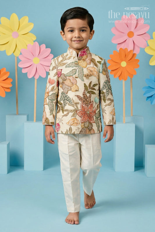 The Nesavu Boys Kurtha Set Boys Kurta Set for Festive Celebrations and Traditional Functions Nesavu 16 (1Y) / Yellow / Viscose Silk BES965B-16 Nesavu Boys Kurta Set For Festive Occasions With Viscose Blend Silk And Digital Print Design