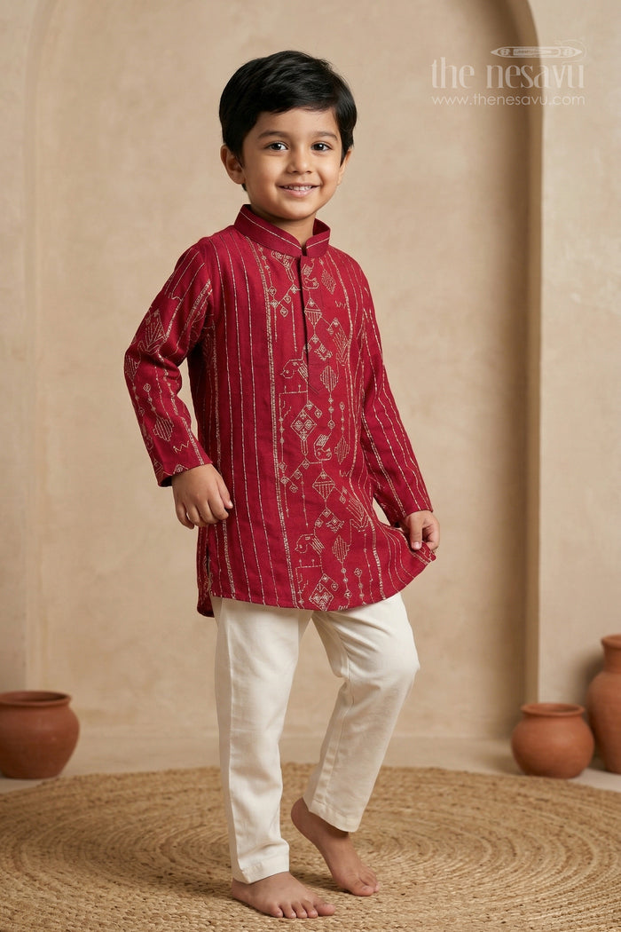 The Nesavu Boys Kurtha Set Boys Kurta Set for Festive Celebrations and Traditional Occasions Nesavu 16 (1Y) / Red / Viscose BES972A-16 Nesavu boys viscose silk blend kurta set with embroidery design for festive celebrations and traditional wear