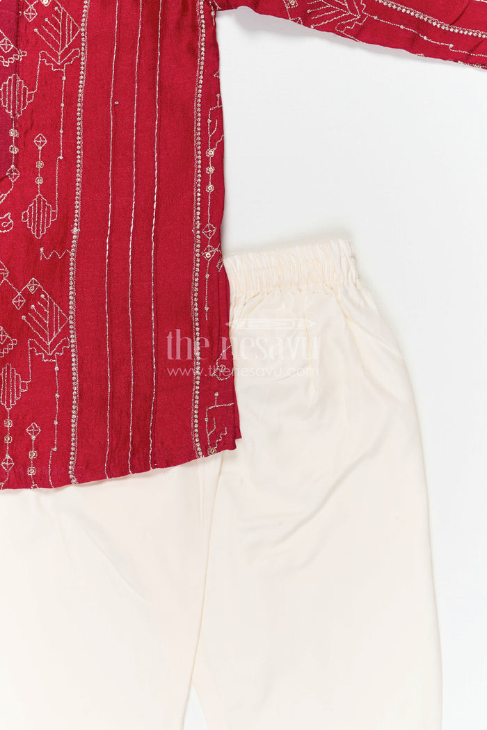 The Nesavu Boys Kurtha Set Boys Kurta Set for Festive Celebrations and Traditional Occasions Nesavu Nesavu boys viscose silk blend kurta set with embroidery design for festive celebrations and traditional wear