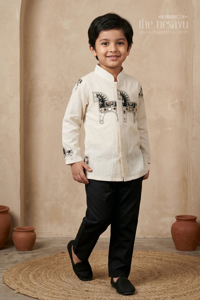 The Nesavu Boys Kurtha Set Boys Kurta Set for Festive Celebrations and Traditional Wear Nesavu 16 (1Y) / Half white / Cotton BES971A-16 Nesavu boys cotton kurta set with thread embroidery for festive celebrations and traditional wear