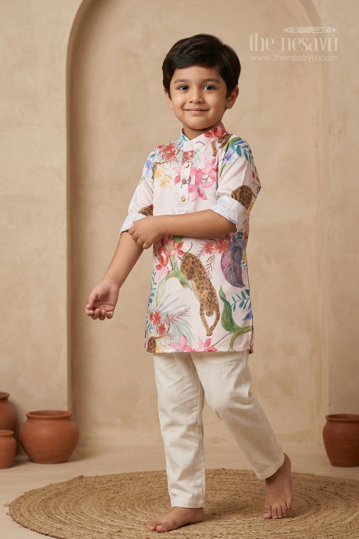 The Nesavu Boys Kurtha Set Boys Kurta Set for Festive Occasions and Family Celebrations Nesavu 16 (1Y) / Cream / Cotton Silk BES959A-16 Nesavu boys silk cotton printed kurta set for festive occasions weddings and family celebrations