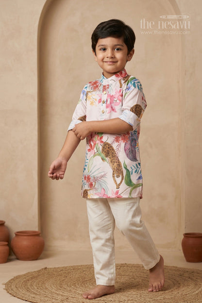 The Nesavu Boys Kurtha Set Boys Kurta Set for Festive Occasions and Family Celebrations Nesavu 16 (1Y) / Cream / Cotton Silk BES959A-16 Nesavu boys silk cotton printed kurta set for festive occasions weddings and family celebrations