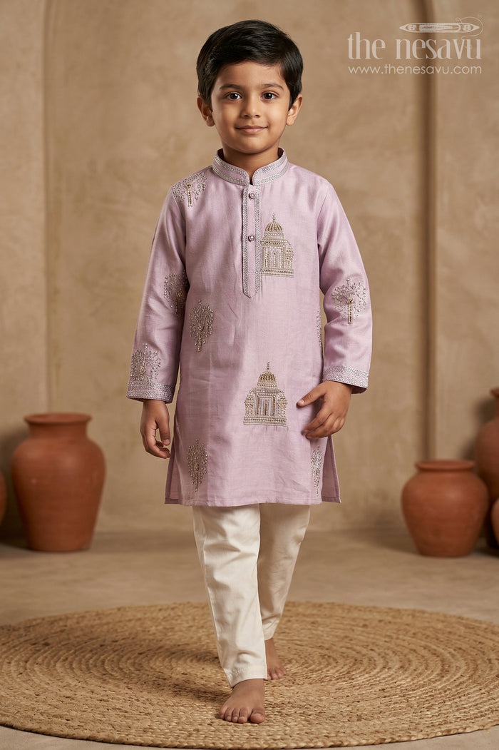 The Nesavu Boys Kurtha Set Boys Kurta Set for Festive Wear and Traditional Occasions Nesavu 16 (1Y) / Purple / Viscose BES979A-16 Nesavu Boys Purple Kurta Set In Viscose Silk With Embroidery Design For Festive And Traditional Occasions