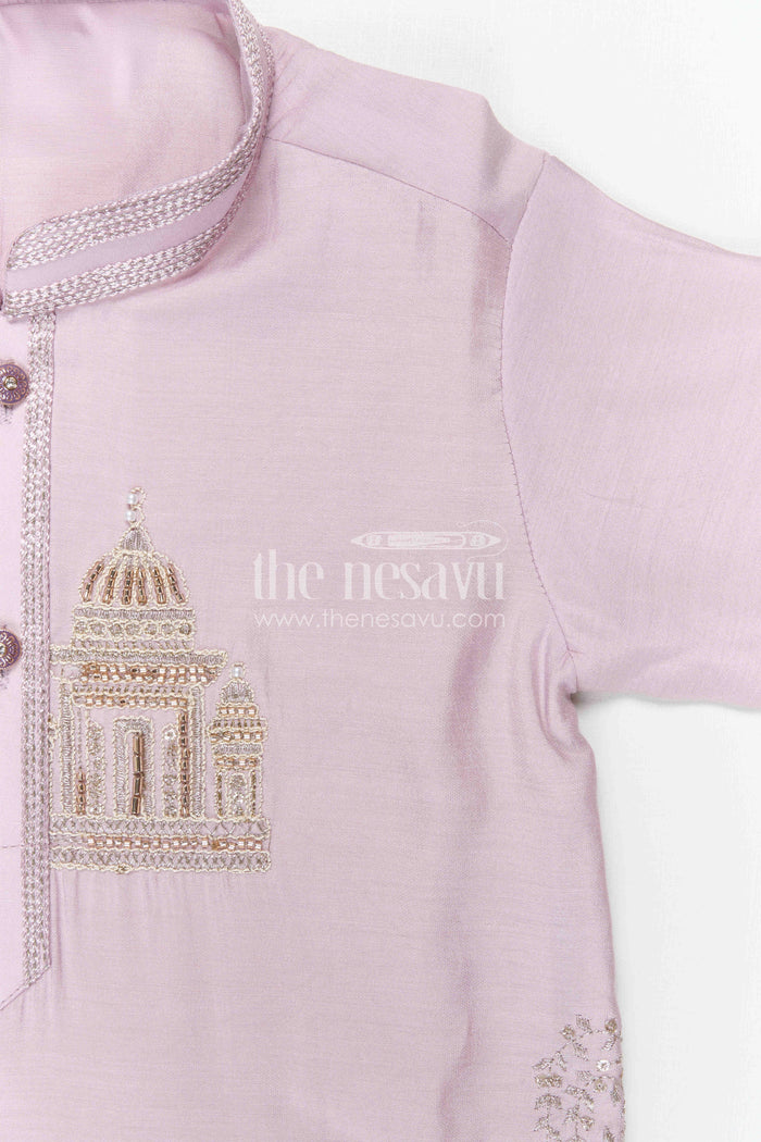 The Nesavu Boys Kurtha Set Boys Kurta Set for Festive Wear and Traditional Occasions Nesavu Nesavu Boys Purple Kurta Set In Viscose Silk With Embroidery Design For Festive And Traditional Occasions
