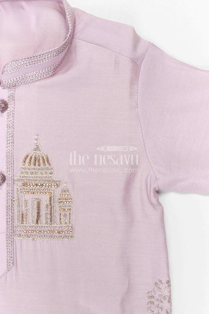 The Nesavu Boys Kurtha Set Boys Kurta Set for Festive Wear and Traditional Occasions Nesavu Nesavu Boys Purple Kurta Set In Viscose Silk With Embroidery Design For Festive And Traditional Occasions