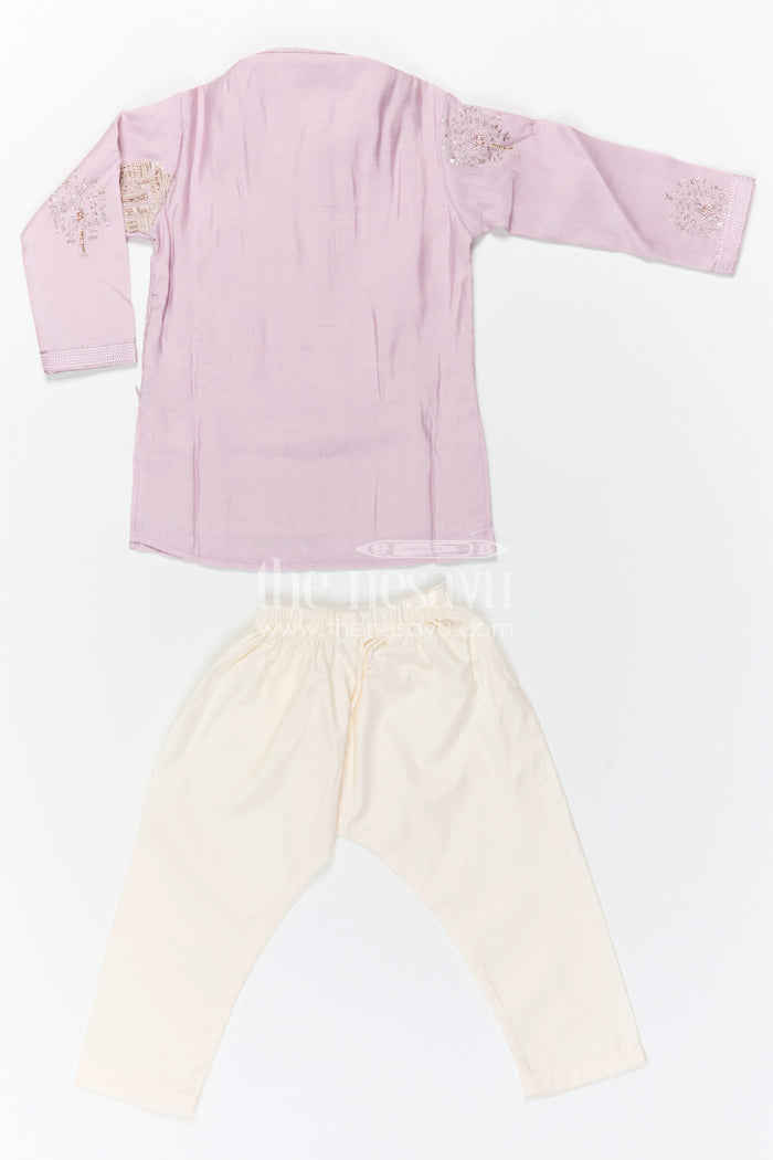 The Nesavu Boys Kurtha Set Boys Kurta Set for Festive Wear and Traditional Occasions Nesavu Nesavu Boys Purple Kurta Set In Viscose Silk With Embroidery Design For Festive And Traditional Occasions
