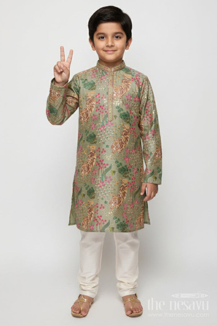 The Nesavu Boys Kurtha Set Boys Kurta Set for Traditional School Day and Festive Gatherings Nesavu 16 (1Y) / Green BES819C-16 Nesavu boys kurta set with silk blend digital print and sequence embroidery for festive school events