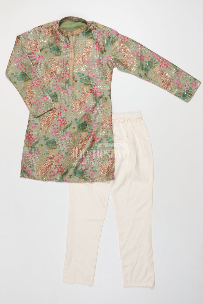 The Nesavu Boys Kurtha Set Boys Kurta Set for Traditional School Day and Festive Gatherings Nesavu 16 (1Y) / Green BES819C-16 Nesavu boys kurta set with silk blend digital print and sequence embroidery for festive school events