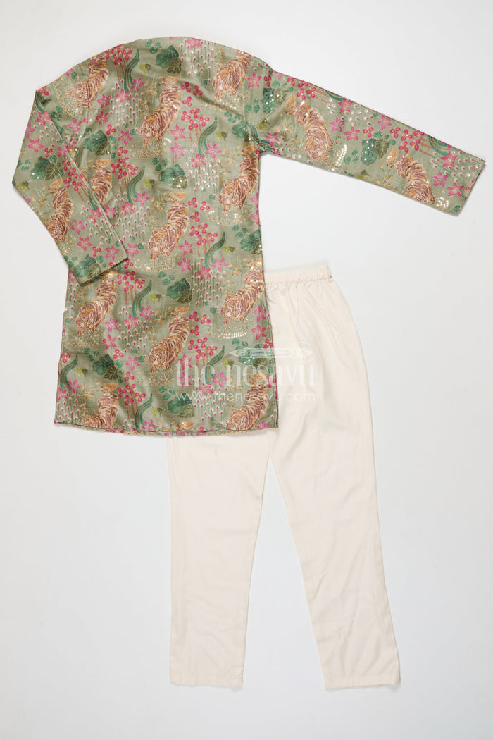 The Nesavu Boys Kurtha Set Boys Kurta Set for Traditional School Day and Festive Gatherings Nesavu Nesavu boys kurta set with silk blend digital print and sequence embroidery for festive school events