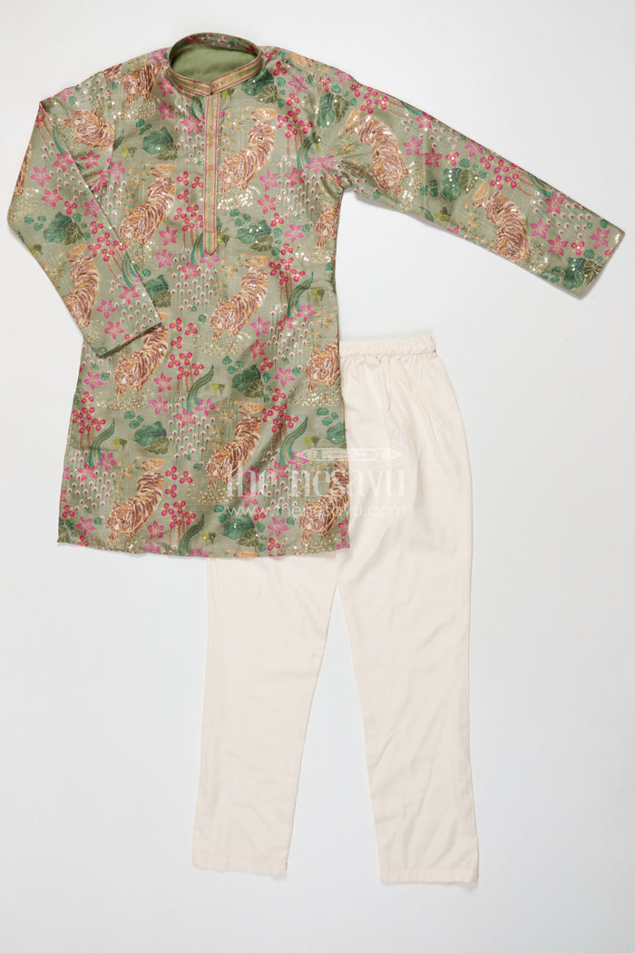 The Nesavu Boys Kurtha Set Boys Kurta Set for Traditional School Day and Festive Gatherings Nesavu Nesavu boys kurta set with silk blend digital print and sequence embroidery for festive school events