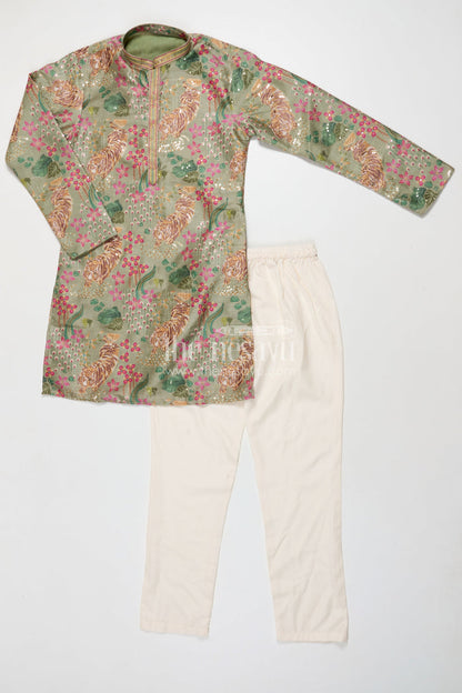 The Nesavu Boys Kurtha Set Boys Kurta Set for Traditional School Day and Festive Gatherings Nesavu Nesavu boys kurta set with silk blend digital print and sequence embroidery for festive school events