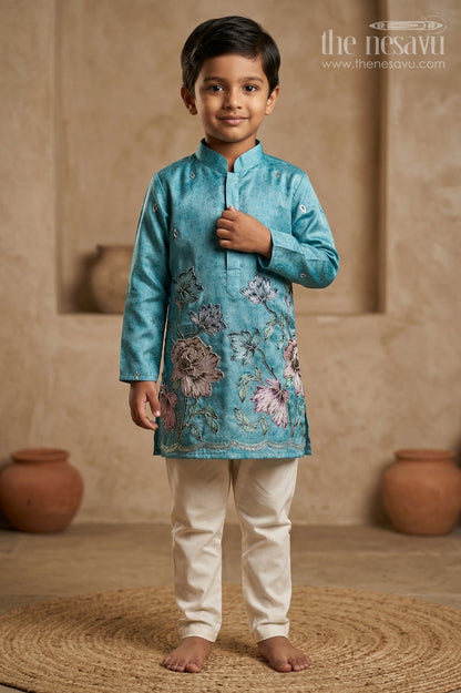 The Nesavu Boys Kurtha Set Boys Kurta Set for Weddings and Festive Celebrations Nesavu 16 (1Y) / Green / Viscose BES980A-16 Nesavu Boys Green Kurta Set In Viscose Silk With Embroidery For Weddings And Festive Celebrations
