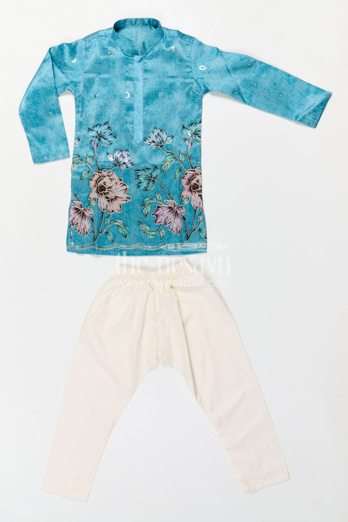 The Nesavu Boys Kurtha Set Boys Kurta Set for Weddings and Festive Celebrations Nesavu Nesavu Boys Green Kurta Set In Viscose Silk With Embroidery For Weddings And Festive Celebrations
