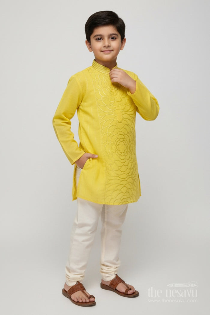The Nesavu Boys Kurtha Set Boys Kurta Set with Thread Embroidery Traditional Festive Wear Nesavu 18 (2Y) / Yellow BES765C-18 Nesavu Boys Kurta Set Silk Cotton Thread Embroidery