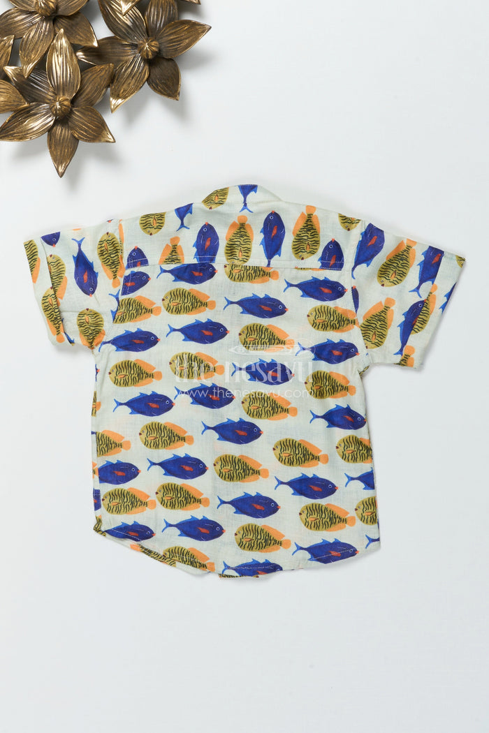 The Nesavu Boys Linen Shirt Boys Linen Shirt with Playful Fish Print for Summer Outings Nesavu Nesavu boys printed linen shirt with colorful fish pattern for summer and casual outings